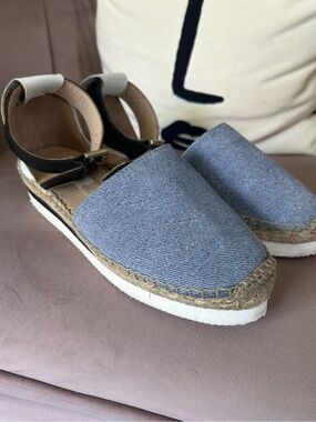 See By Chloe Light Blue Denim Espadrille Sandals with Black Ankle Strap